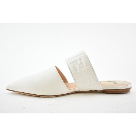 Fendi Motif FF Logo Snow White Leather Pointed Toe Ballerina Ballet Mule Flat 37 - Picture 9 of 12